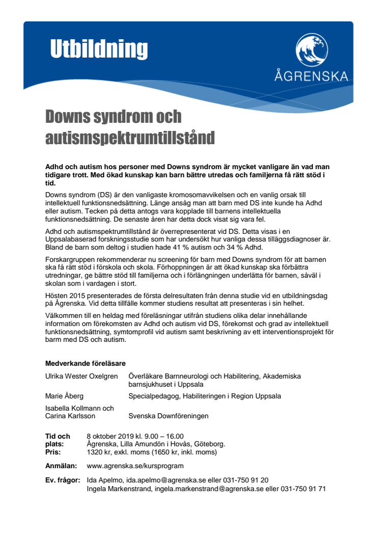 Ågrenska anordnar utbildning - Downs syndrom och autismspektrumtillstånd