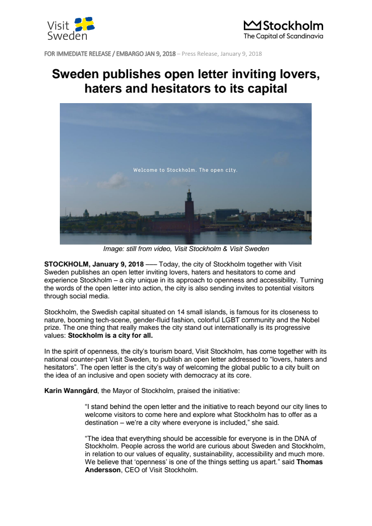 Sweden publishes open letter inviting lovers, haters and hesitators to its capital