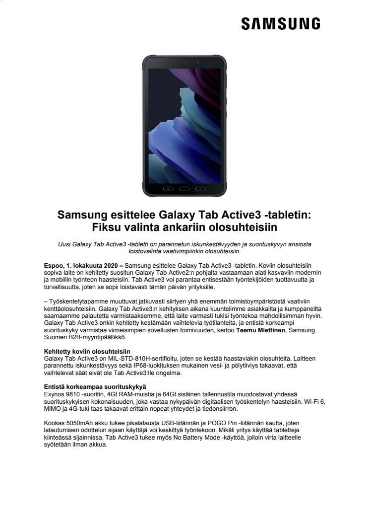 Samsung esittelee Galaxy Tab Active3 -tabletin: Fiksu valinta ankariin olosuhteisiin
