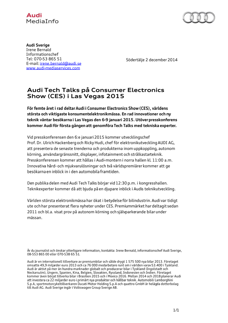 Audi Tech Talks på Consumer Electronics Show (CES) i Las Vegas 2015