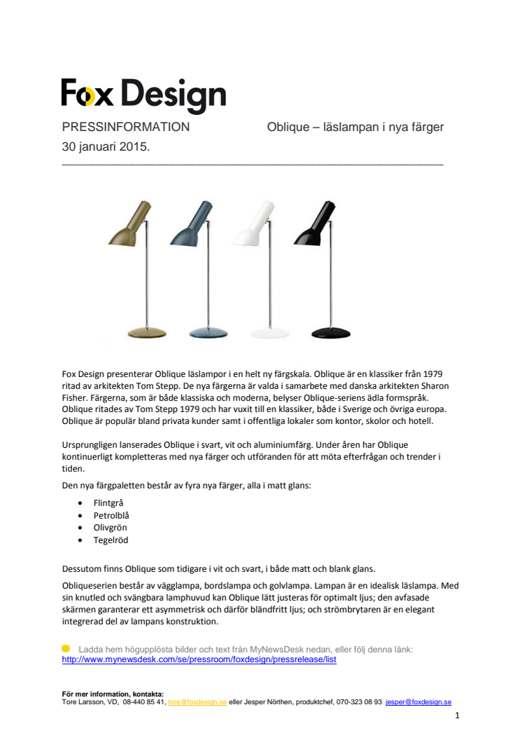 Oblique – läslampan i nya färger