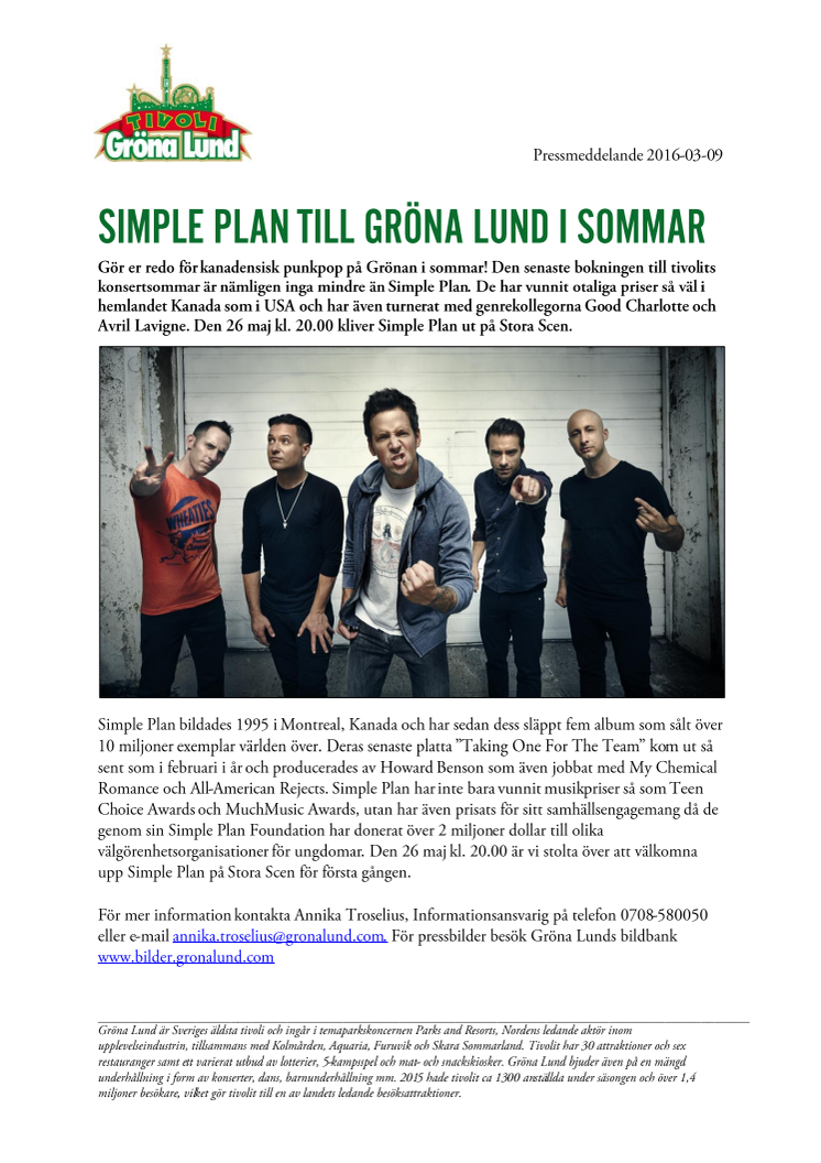 Simple Plan till Gröna Lund i sommar