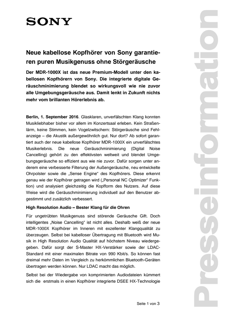 Neue kabellose Kopfhörer von Sony garantieren puren Musikgenuss ohne Störgeräusche