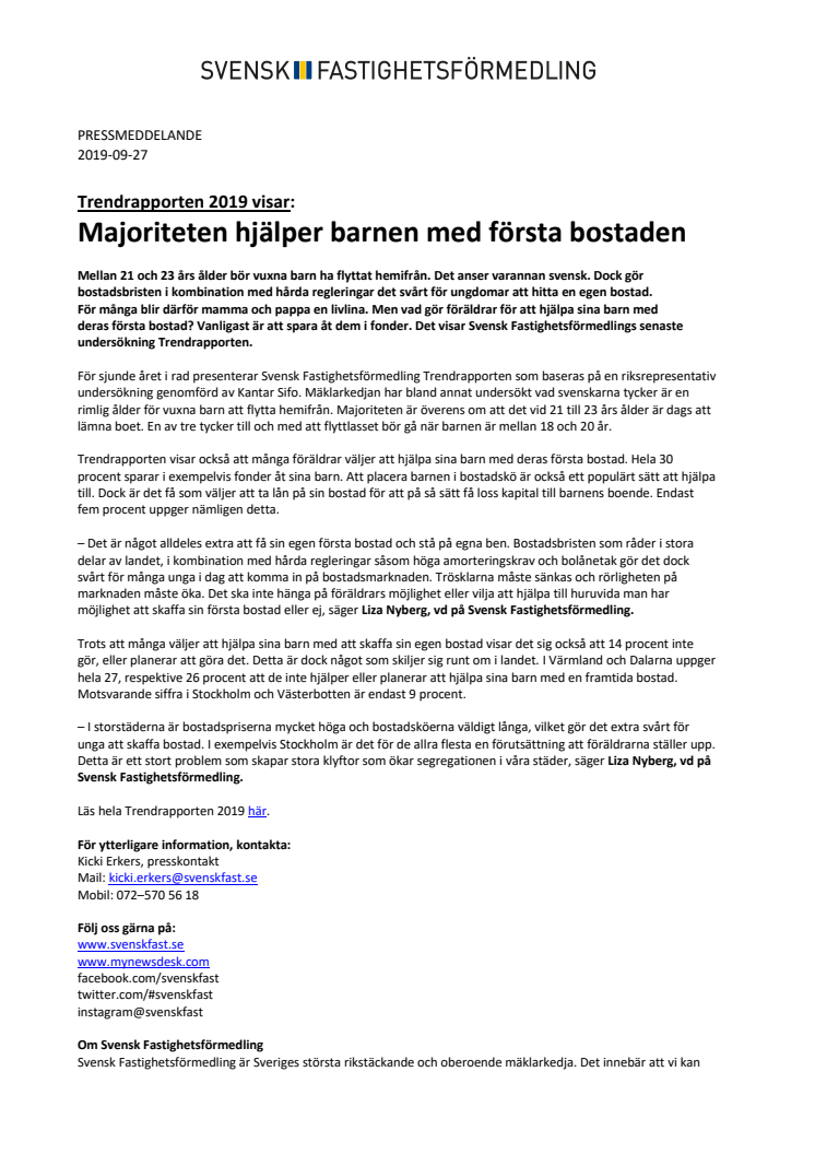 Trendrapporten 2019 visar: Majoriteten hjälper barnen med första bostaden