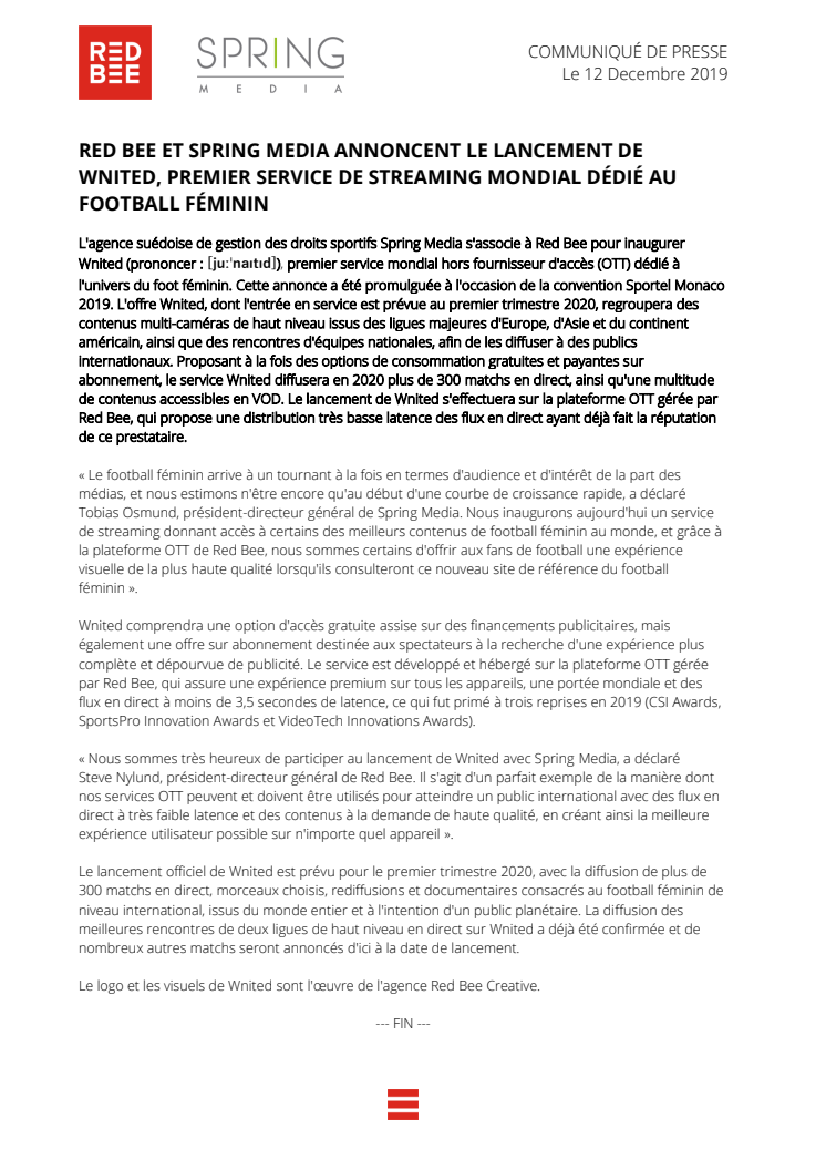 Red Bee et Spring Media Annoncent le Lancement de Wnited, Premier Service de Streaming Mondial Dédié au Football Féminin