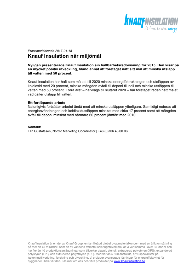 Knauf Insulation når miljömål  