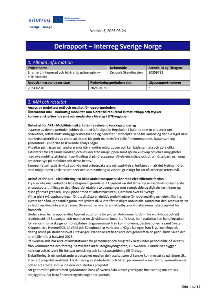 SITE Mobility - Lägesrapport och statusuppdatering 