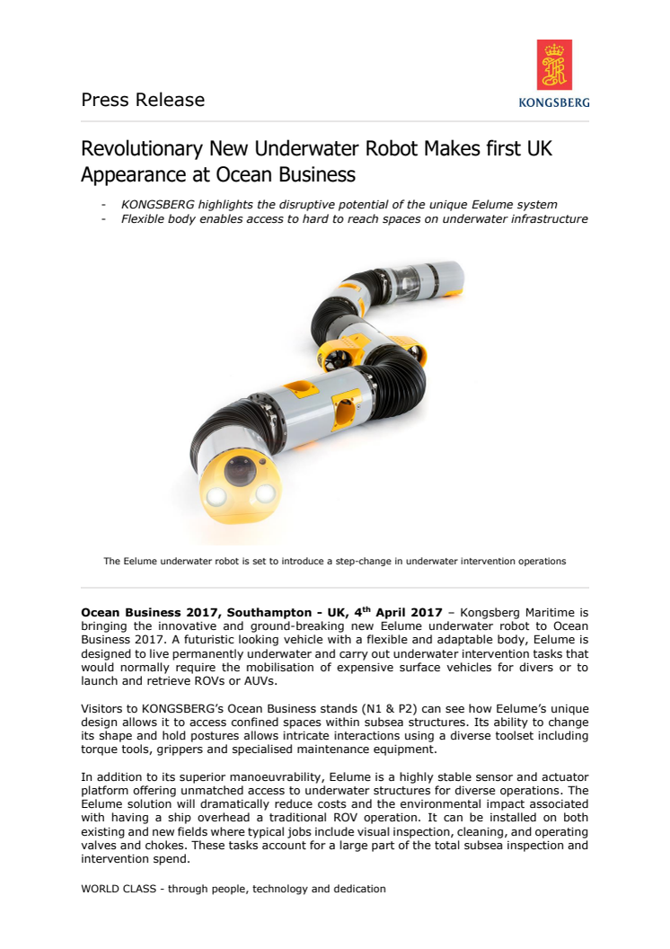 Kongsberg Maritime - Ocean Business 2017: Revolutionary New Underwater Robot Makes first UK Appearance at Ocean Business