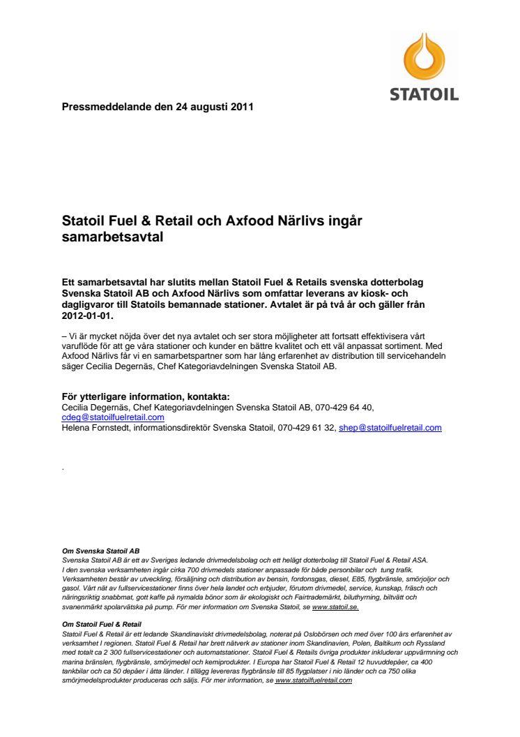 Statoil Fuel & Retail och Axfood Närlivs ingår samarbetsavtal