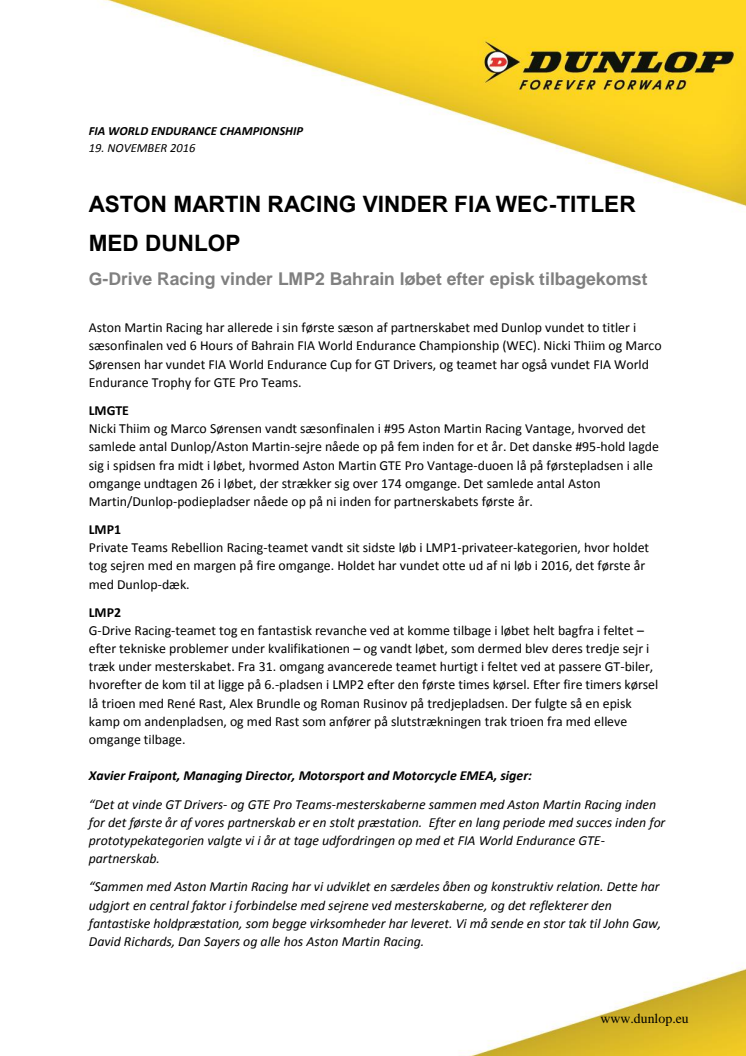 Aston Martin Racing vinder FIA WEC-titler med Dunlop