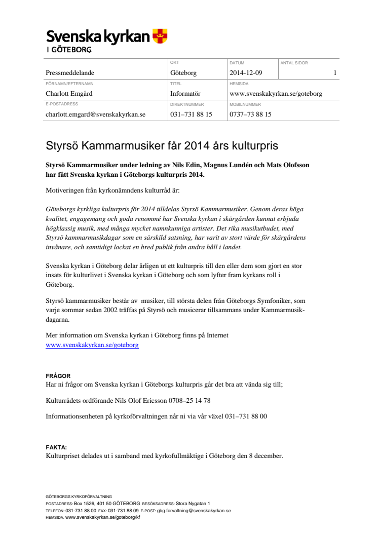 ​Styrsö Kammarmusiker får 2014 års kulturpris