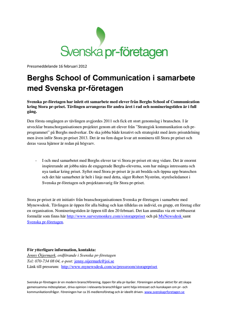 Berghs School of Communication i samarbete med Svenska pr-företagen