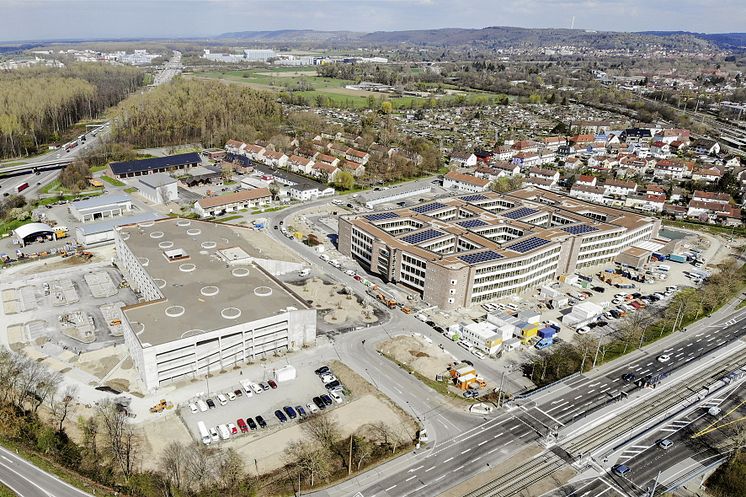 Luftbild Neubau dm-Zentrale Karlsruhe Untermühlsiedlung