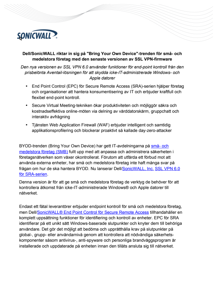 Dell/SonicWALL riktar in sig på "Bring Your Own Device"-trenden för små- och medelstora företag med den senaste versionen av SSL VPN-firmware