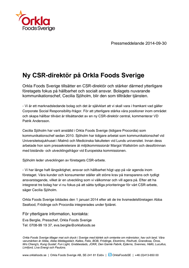 Ny CSR-direktör på Orkla Foods Sverige 