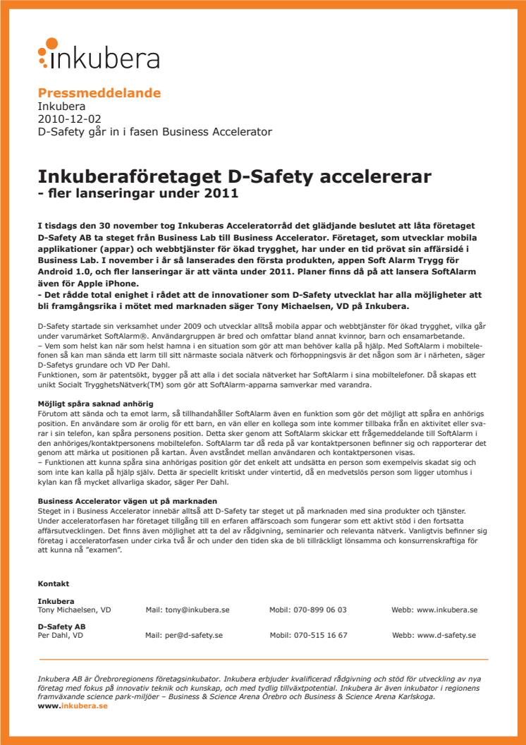 D-Safety går in i fasen Business Accelerator