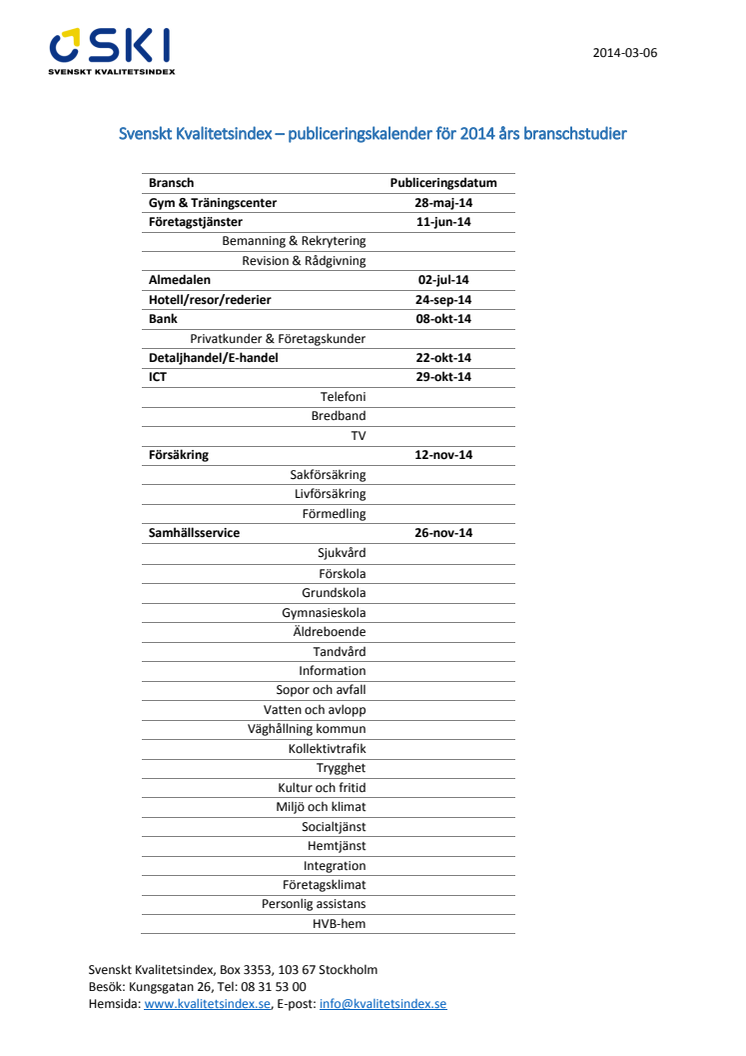 Svenskt Kvalitetsindex - Publiceringskalender 2014