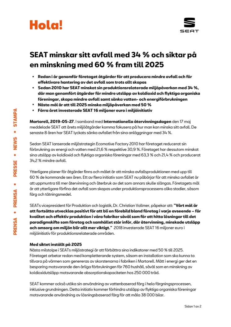 SEAT minskar sitt avfall med 34 % och siktar på en minskning med 60 % fram till 2025