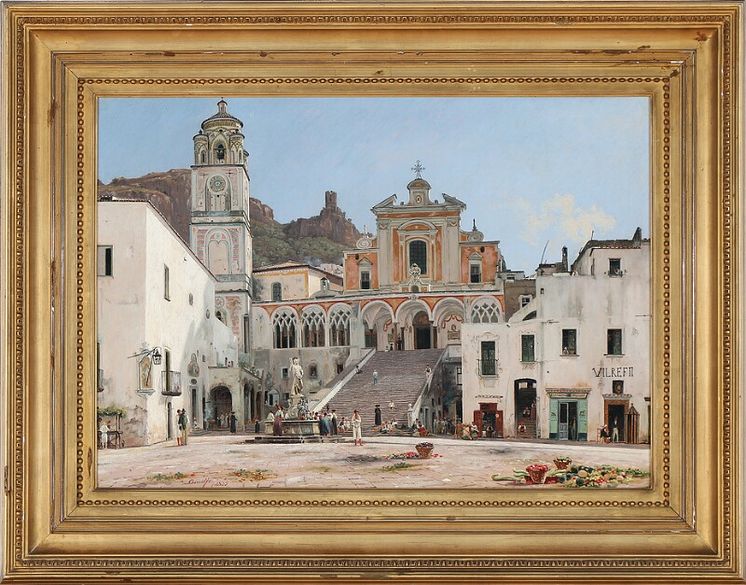 Martinus Rørbye: "Parti af torvet i Amalfi". Usigneret. Dateret Amalfi 1835. Olie på papir monteret på lærred. 44 x 63. Hammerslag 3.000.000 kr.