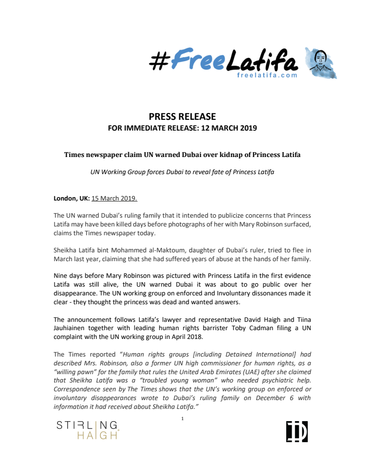 Times newspaper claim UN warned Dubai over kidnap of Princess Latifa