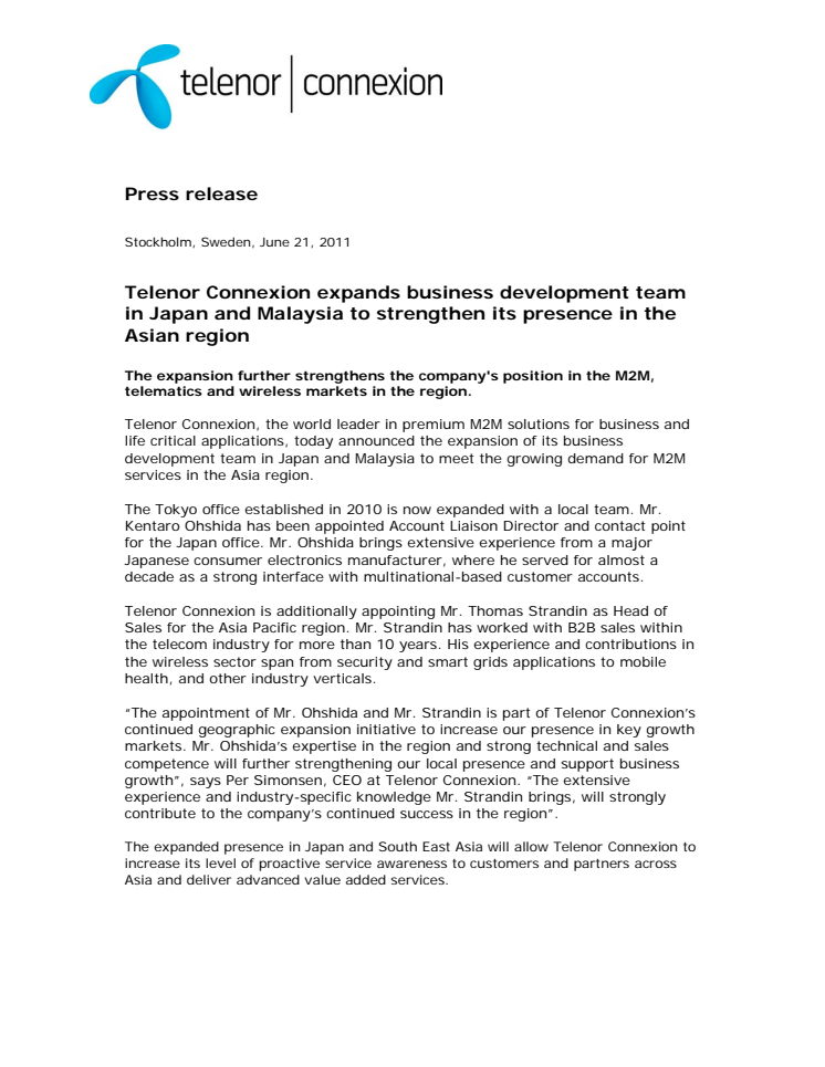 Telenor Connexion expands business development team in Japan and Malaysia to strengthen its presence in the Asian region