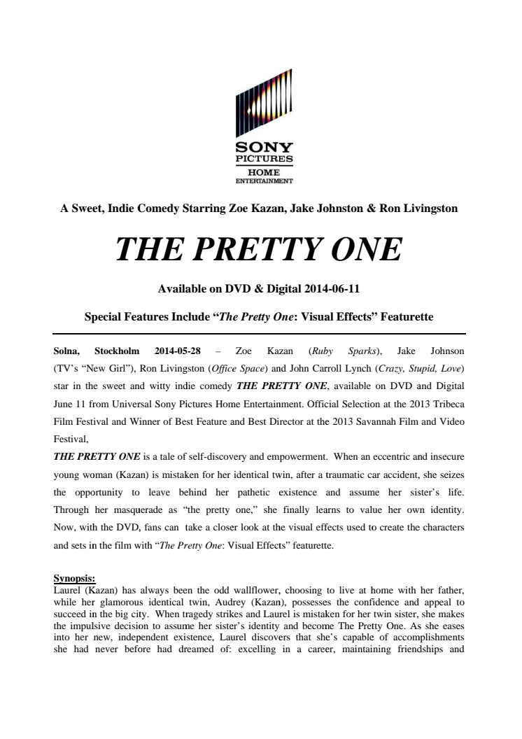 THE PRETTY ONE  Available on DVD & Digital 2014-06-11