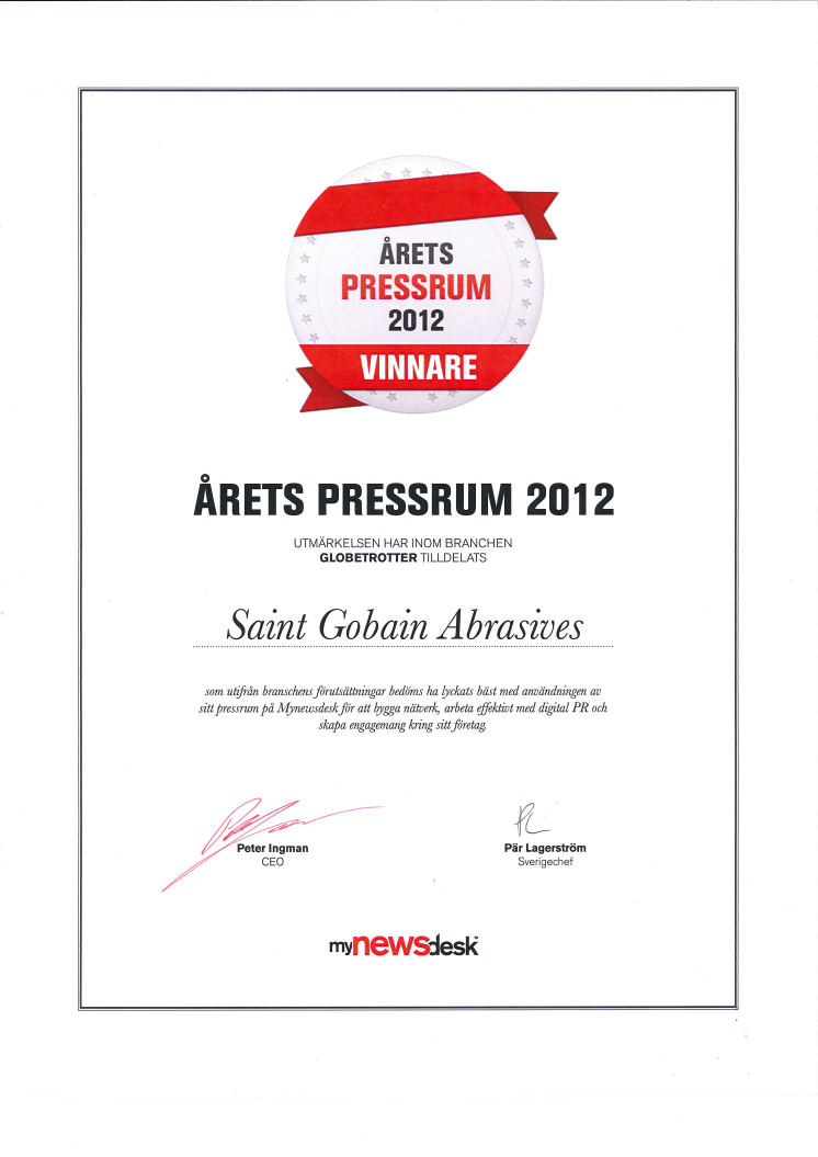 Saint-Gobain Abrasives vinnare av Årets Pressrum 2012