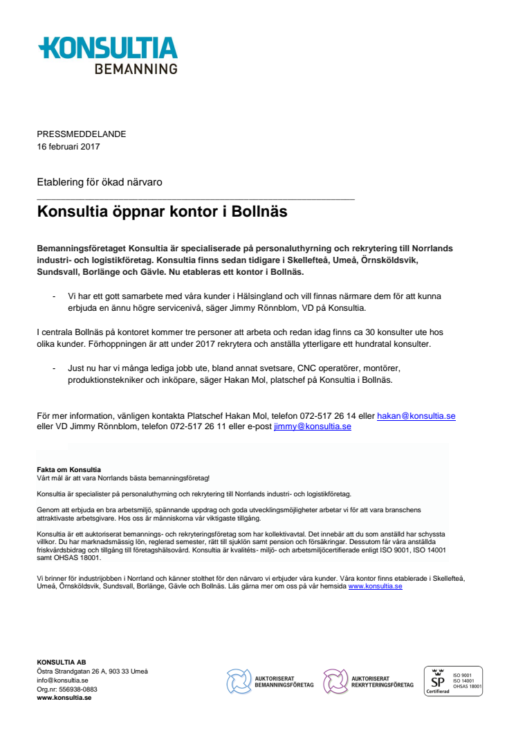 Konsultia öppnar kontor i Bollnäs - etablering för ökad närvaro