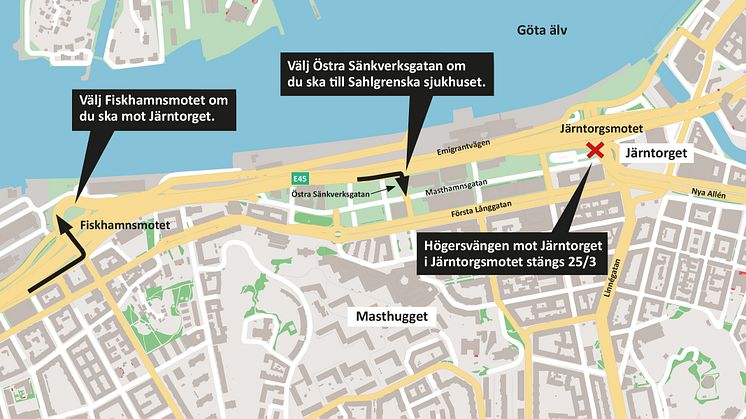 Den 25 mars 2021 stängs högersvängen mot Järntorget i Järntorgsmotet för trafiken på Oscarsleden västerifrån. 