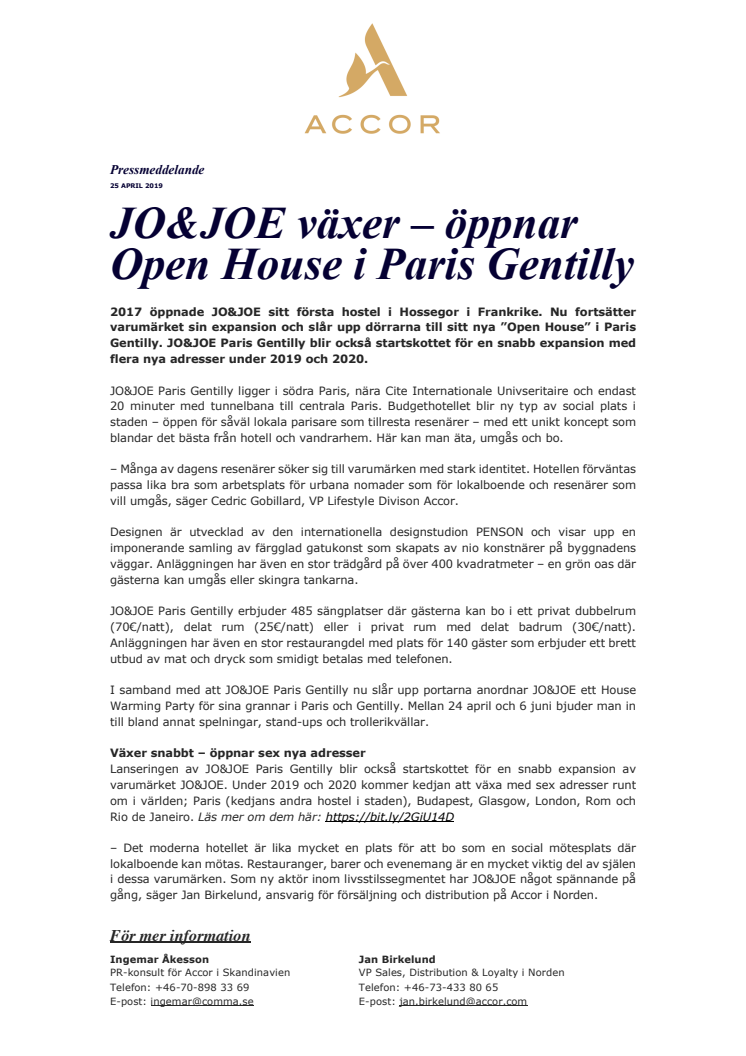 JO&JOE växer – öppnar Open House i Paris Gentilly