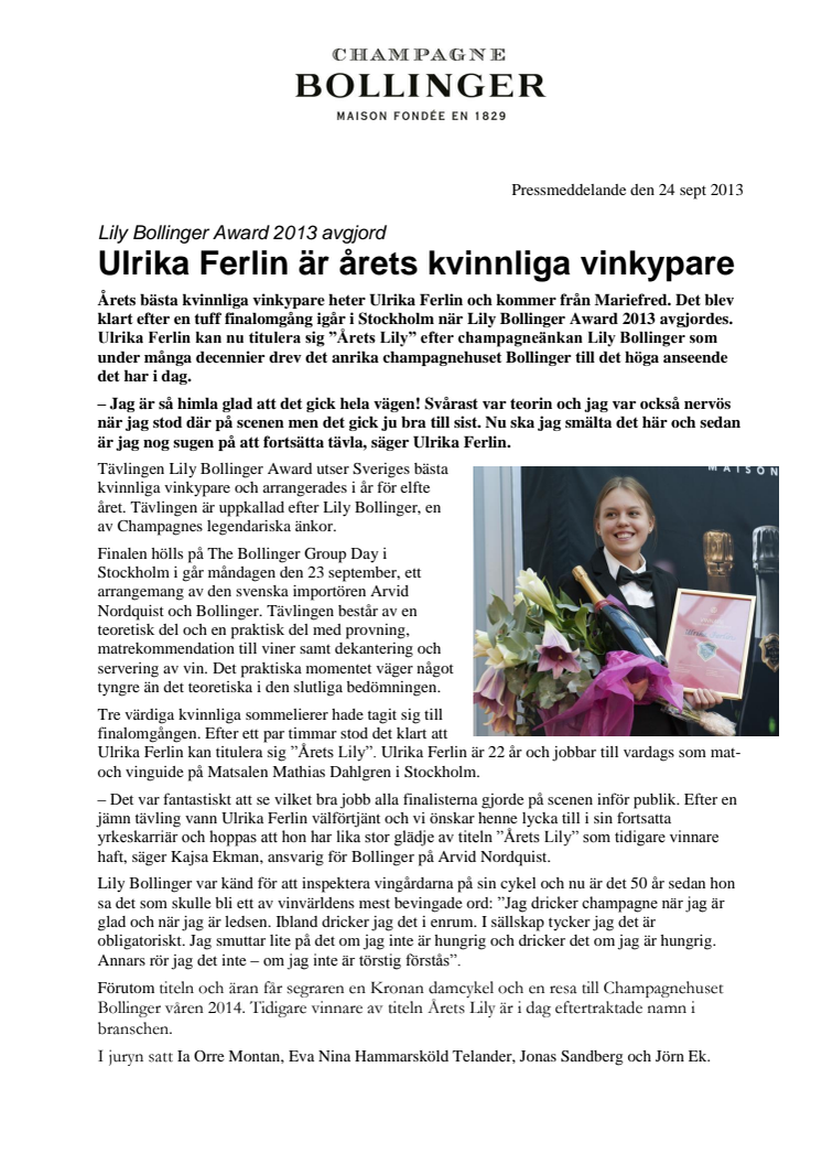 Ulrika Ferlin är årets kvinnliga vinkypare 