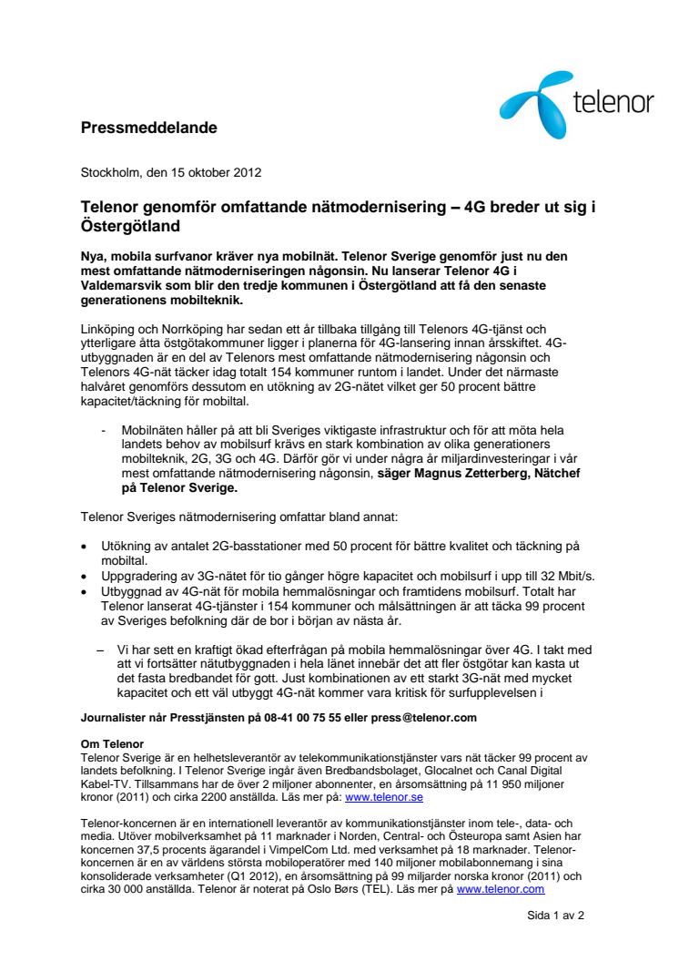 Telenor genomför omfattande nätmodernisering – 4G breder ut sig i Östergötland 