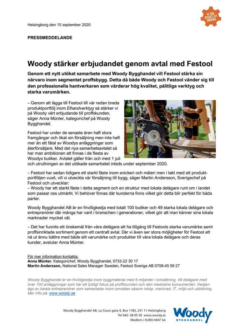 Woody stärker erbjudandet genom avtal med Festool