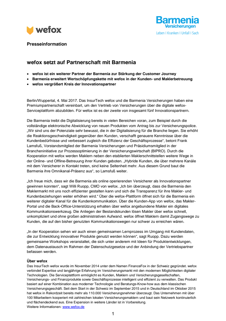 wefox setzt auf Partnerschaft mit Barmenia