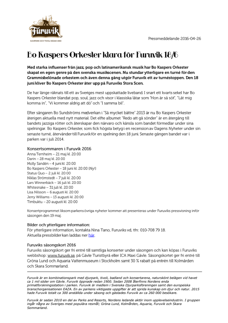 Bo Kaspers Orkester klara för Furuvik 18/6