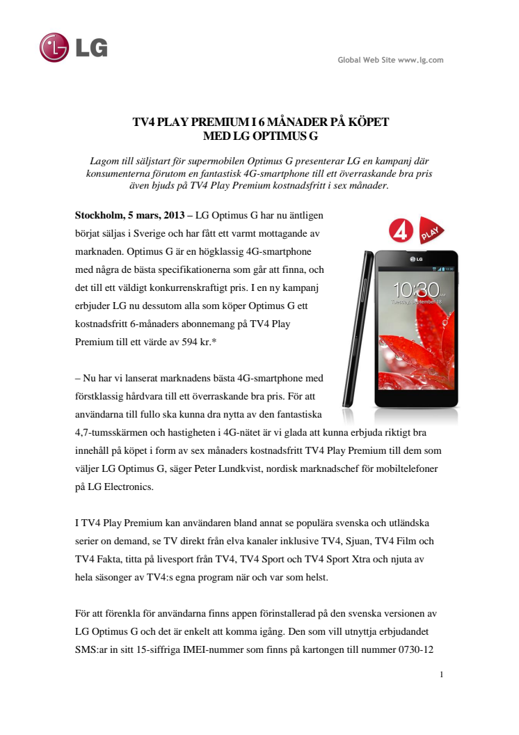 TV4 Play Premium i 6 månader på köpet med Optimus G