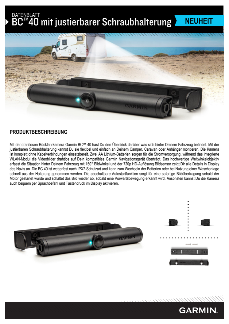 Datenblatt Garmin BC40 Rückfahrkamera mit Schraubhalterung