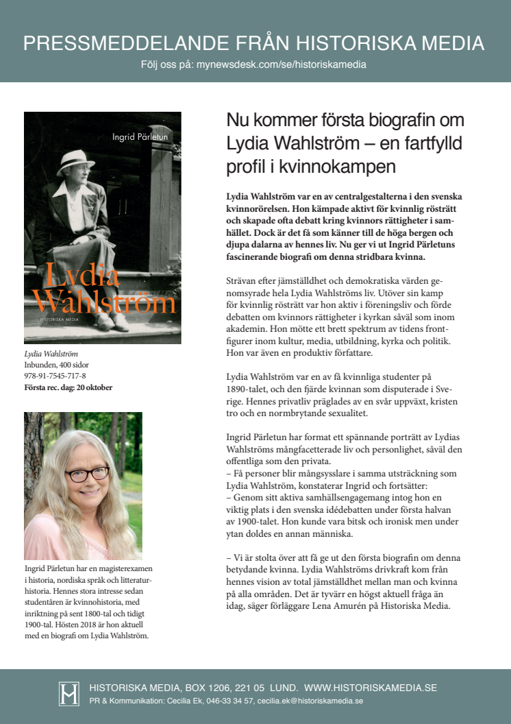 Nu kommer första biografin om Lydia Wahlström – en fartfylld profil i kvinnokampen