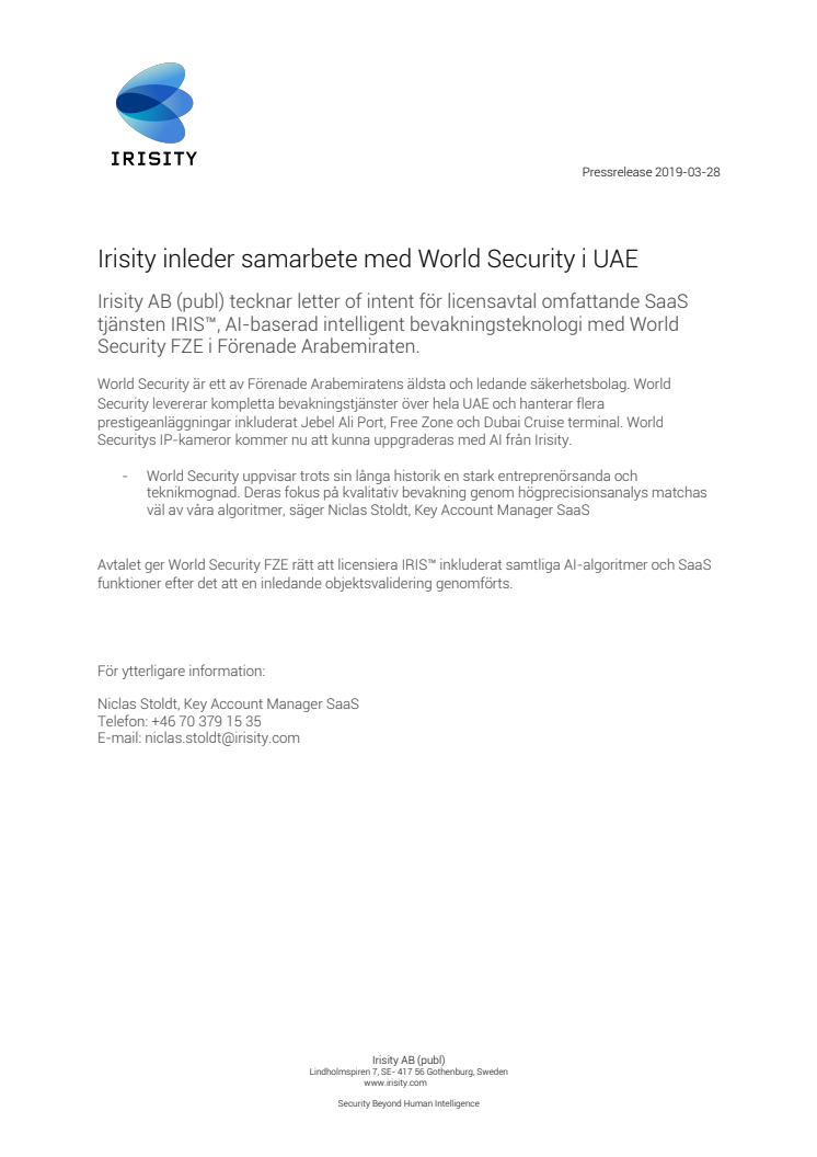 Irisity inleder samarbete med World Security i UAE