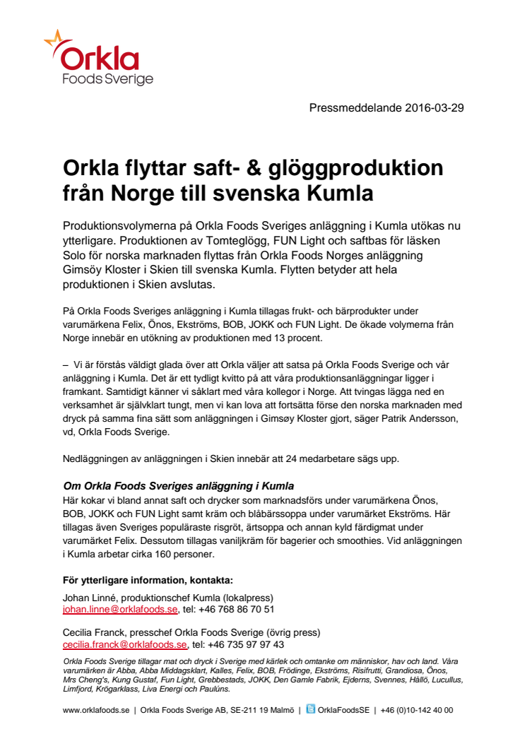 ​​​Orkla flyttar saft- och glöggproduktion från Norge till svenska Kumla