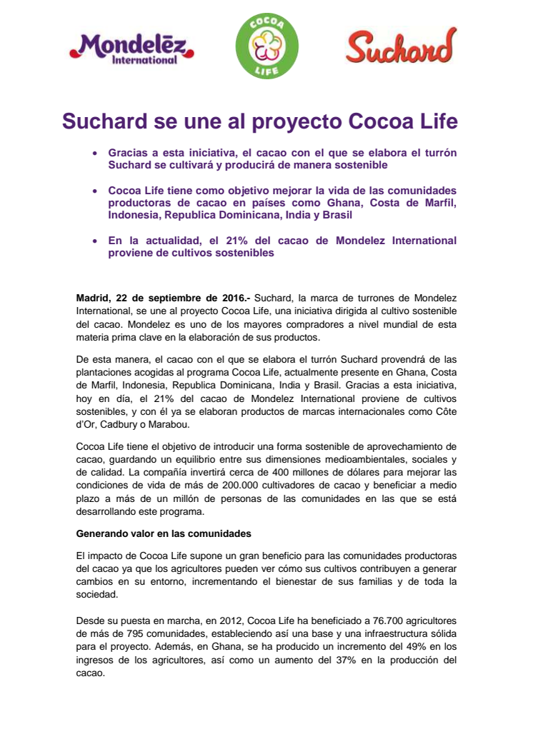 Suchard se une al proyecto Cocoa Life