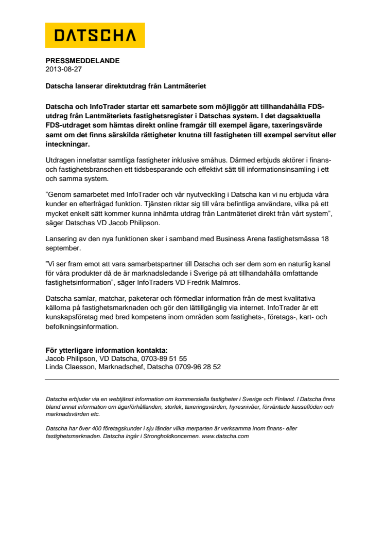 Datscha lanserar direktutdrag från Lantmäteriet 