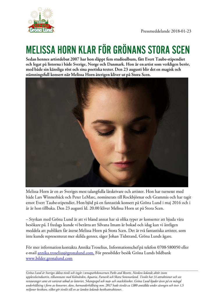 Melissa Horn klar för Grönans Stora Scen