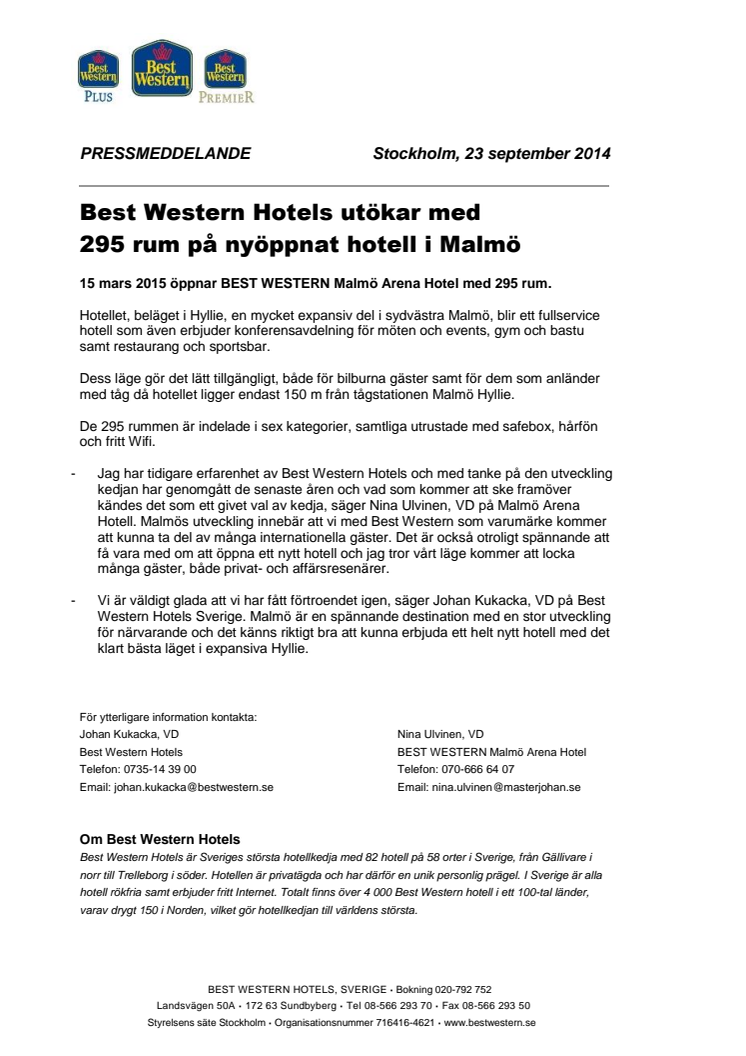 Best Western Hotels utökar med 295 rum på nyöppnat hotell i Malmö