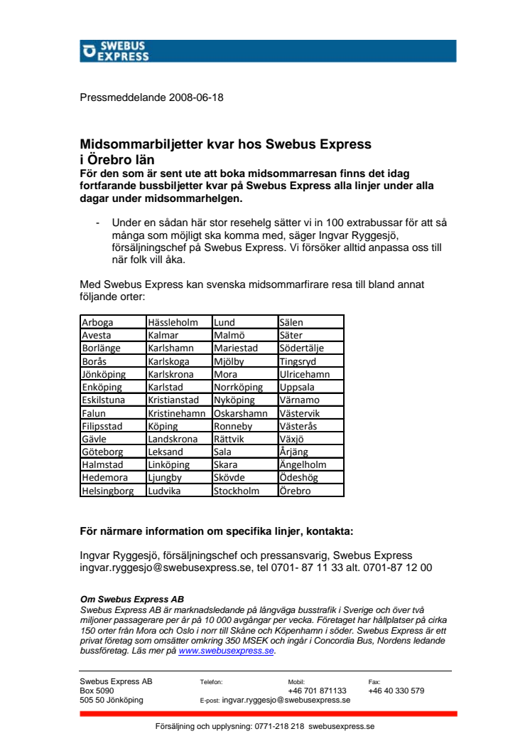 Midsommarbiljetter kvar hos Swebus Express i Örebro län