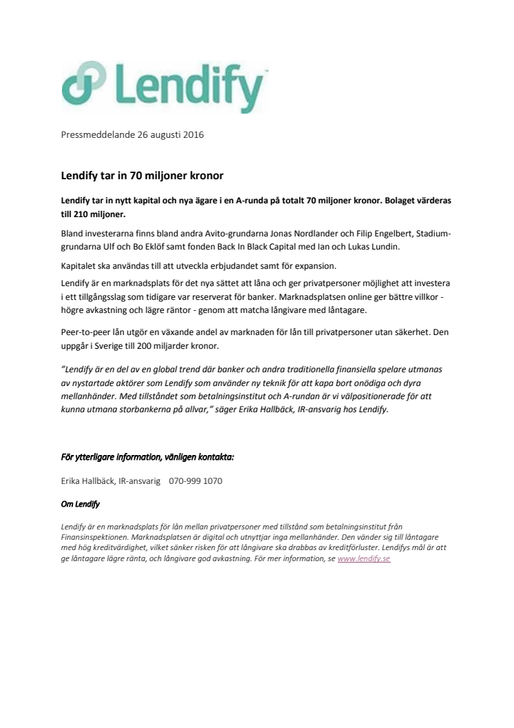 Lendify tar in 70 miljoner kronor 