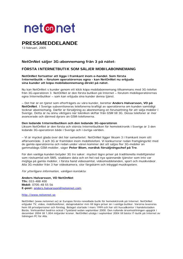 NetOnNet säljer 3G-abonnemang från 3 på nätet