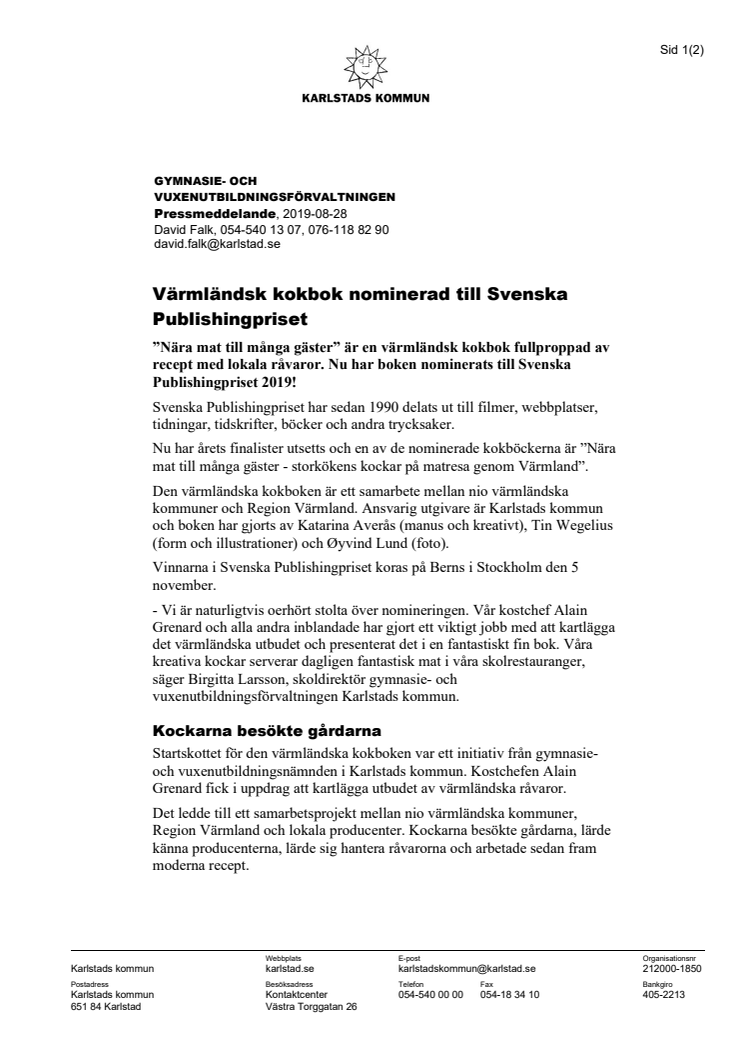 Värmländsk kokbok nominerad till Svenska Publishingpriset