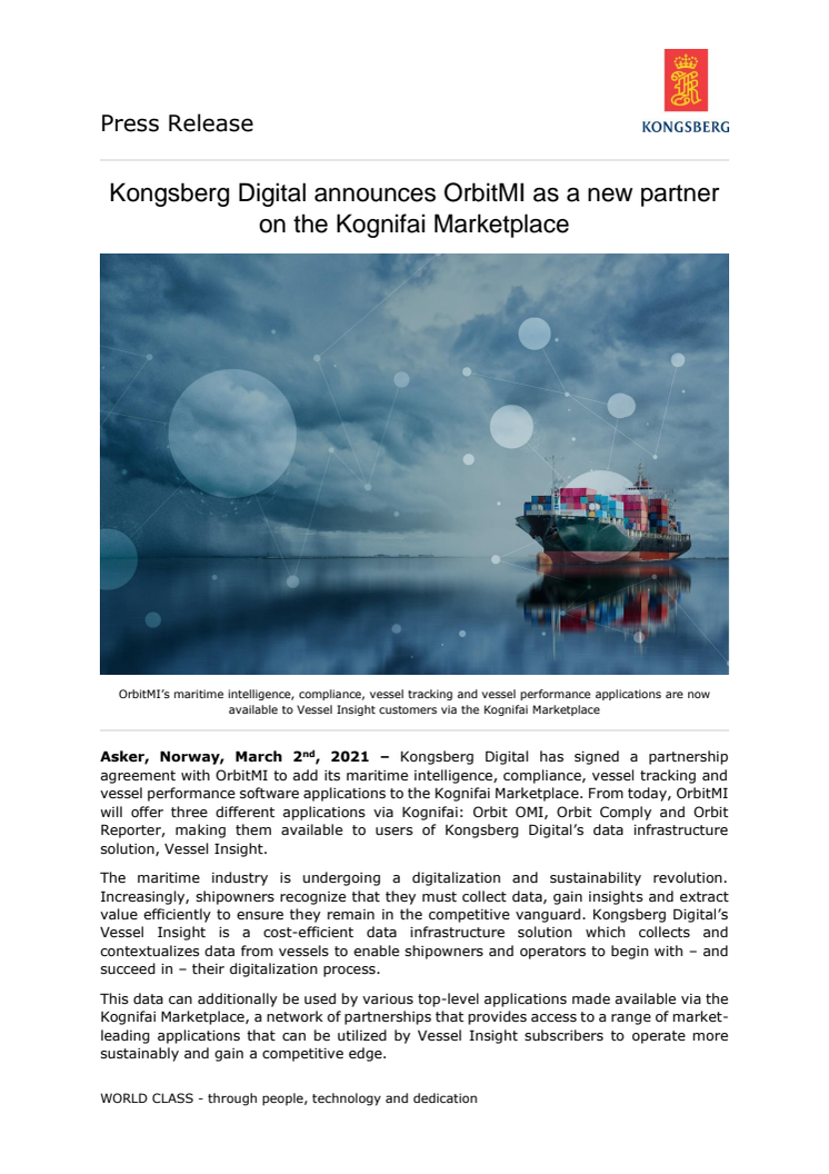 Kongsberg Digital announces OrbitMI as a new partner on the Kognifai Marketplace