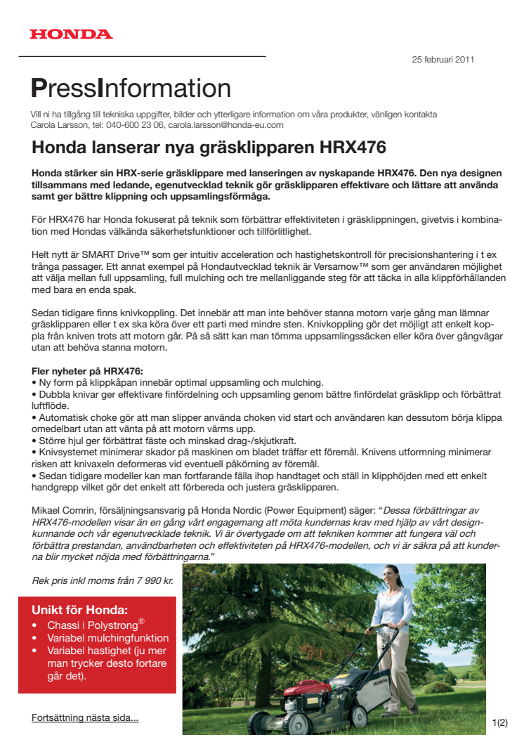 Honda lanserar nya multifunktionella gräsklipparen HRX476